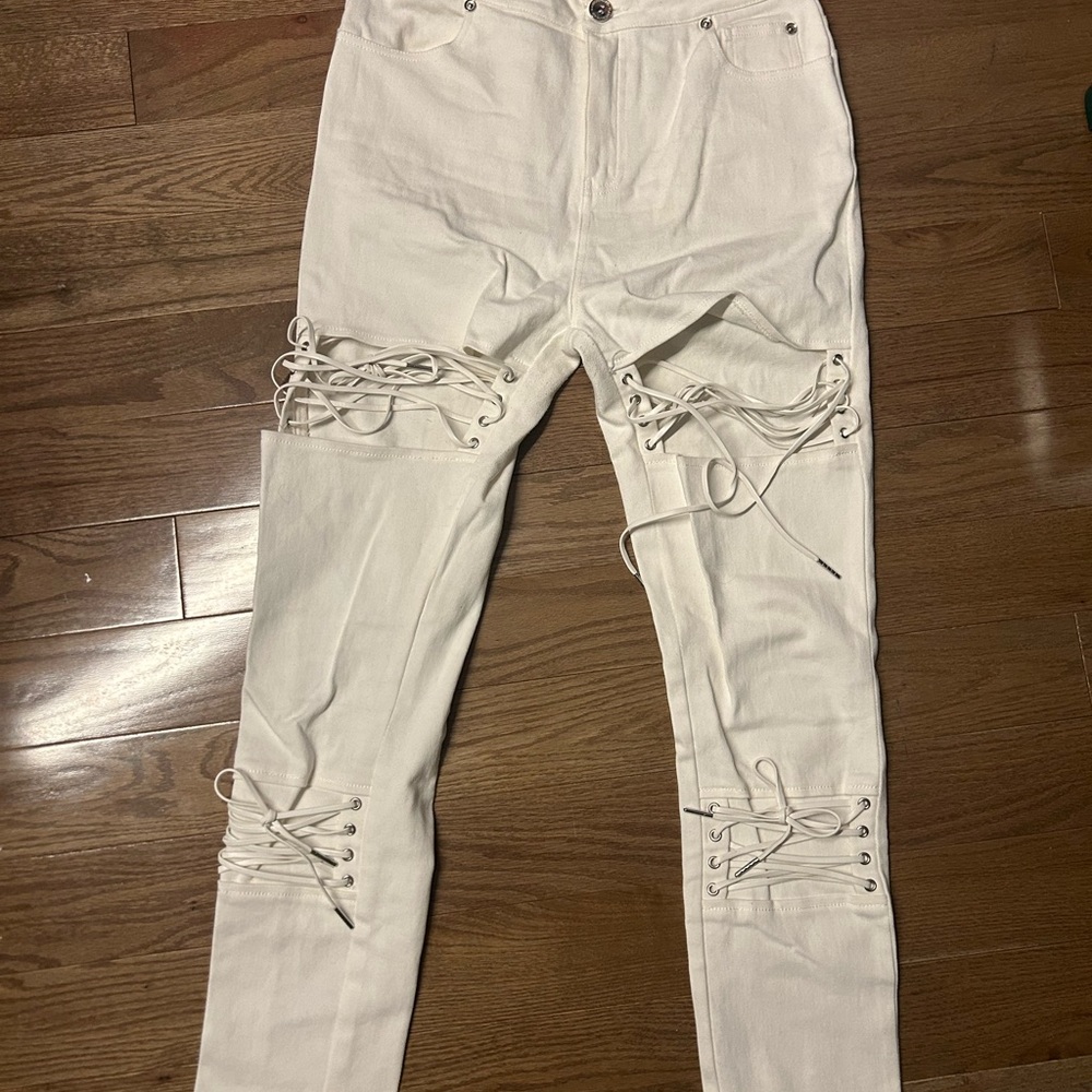 White Lace-Up Distressed Jeans